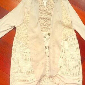 Chico's Cream Open Knit And Chiffon 3/4 Sleeve Cardigan With Slight Shimmer